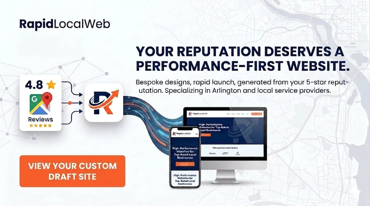 RapidLocalWeb marketing banner showcasing 4.8 star reviews and website design services for local businesses with performance-focused design examples